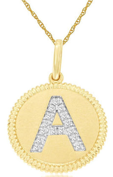.07CT DIAMOND 14KT YELLOW GOLD 3D CLASSIC A INITIAL CIRCULAR FLOATING PENDANT