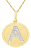 .07CT DIAMOND 14KT YELLOW GOLD 3D CLASSIC A INITIAL CIRCULAR FLOATING PENDANT