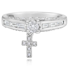 .69CT DIAMOND 18KT WHITE GOLD 3D ROUND & BAGUETTE FLOATING CROSS ENGAGEMENT RING