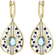 2.82CT DIAMOND & AAA BLUE TOPAZ & SAPPHIRE 14KT YELLOW GOLD 3D HANGING EARRINGS