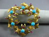 ANTIQUE AAA TURQUOISE RUBY 18K YELLOW GOLD FLORAL WREATH CIRCLE BROOCH PIN #1956