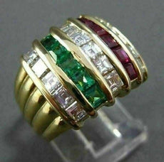 ESTATE 3.55CT DIAMOND & AAA RUBY & EMERALD 18K YELLOW GOLD MULTI ROW RING #22492