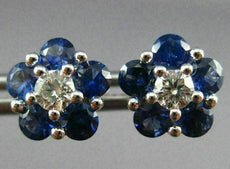 ESTATE 1.76CT DIAMOND & AAA SAPPHIRE 18KT WHITE GOLD 3D CLUSTER FLOWER EARRINGS