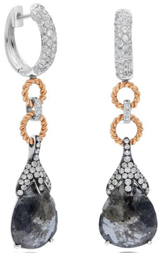 LARGE 9.90CT WHITE & ICE DIAMOND 18KT WHITE ROSE & BLACK GOLD TEAR DROP EARRINGS