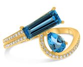 LARGE 1.84CT DIAMOND AAA BLUE TOPAZ 14KT YELLOW GOLD EMERALD CUT PEAR SHAPE RING