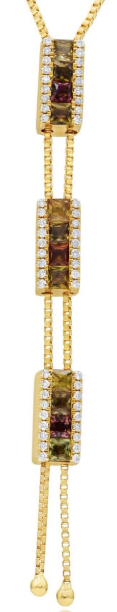 1.02CT DIAMOND & AAA MULTI COLOR SAPPHIRE 14KT YELLOW GOLD LARIAT LOVE NECKLACE