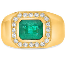 LARGE 2.24CT DIAMOND & AAA EMERALD 18KT YELLOW GOLD EMERALD CUT BEZEL MEN'S RING