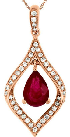 .92CT DIAMOND & AAA RUBY 14KT ROSE GOLD PEAR SHAPE & ROUND LEAF FLOATING PENDANT