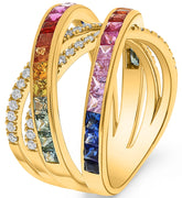LARGE 2.77CT DIAMOND & AAA MULIT COLOR SAPPHIRE 14K YELLOW GOLD CRISS CROSS RING