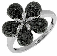 ESTATE 1.21CT WHITE & BLACK DIAMOND 14KT WHITE GOLD 3D PAVE FLOWER FUN RING