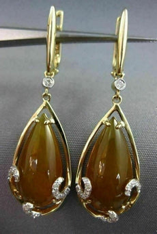 ESTATE 9.69CT DIAMOND & ORANGE AGATE 14K YELLOW GOLD PEAR SHAPE HANGING EARRINGS