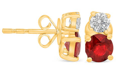 1.55CT DIAMOND & AAA RUBY 14KT YELLOW GOLD ROUND DOUBLE SOLITAIRE STUD EARRINGS