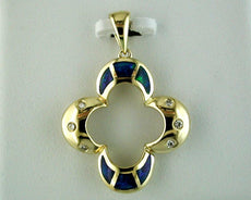 ESTATE .06CT DIAMOND & AAA OPAL 14KT YELLOW GOLD 3D LEAF CLOVER FLOWER PENDANT