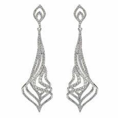 ESTATE LARGE 2.03CT DIAMOND 18K WHITE GOLD TEAR DROP MULTI WAVE HANGING EARRINGS