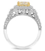 LARGE 2.2CT WHITE & FANCY YELLOW DIAMOND 18K 2 TONE GOLD CUSHION ENGAGEMENT RING