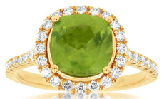 2.6CT DIAMOND & AAA PERIDOT 14KT YELLOW GOLD 3D CUSHION & ROUND HALO SQUARE RING