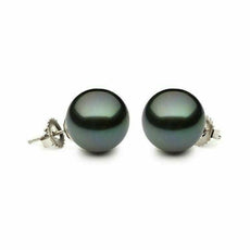ESTATE AAA 10.5MM TAHITIAN PEARL 14KT WHITE GOLD CLASSIC SOLITAIRE STUD EARRINGS