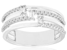 .32CT DIAMOND 14KT WHITE GOLD ROUND BAGUETTE MULTI ROW DIAGONAL 3 STONE FUN RING