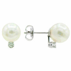 ESTATE .09CT DIAMOND AAA PEARL 14K WHITE GOLD 3D CLASSIC SOLITAIRE STUD EARRINGS