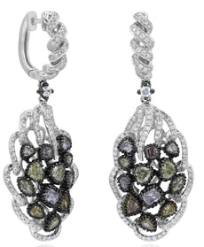 LARGE 3.61CT MULTI COLOR DIAMOND 18KT WHITE GOLD FLORAL HUGGIE HANGING EARRINGS