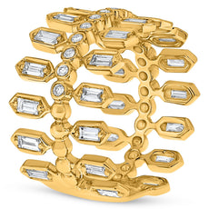 LARGE .83CT DIAMOND 14K YELLOW GOLD 3D ROUND & BAGUETTE 3 ROW MULTI HEXAGON RING