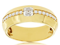 ESTATE WIDE .66CT DIAMOND 14KT YELLOW GOLD 3D ASSCHER CUT & ROUND MEN'S RING