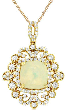 1.97CT DIAMOND & AAA OPAL 14KT YELLOW GOLD CUSHION & ROUND OPEN FILIGREE PENDANT