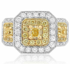 ESTATE 2.44CT WHITE & FANCY YELLOW DIAMOND 18KT 2 TONE GOLD HALO ENGAGEMENT RING