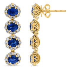 3.90CT DIAMOND & AAA SAPPHIRE 14K YELLOW GOLD OVAL MULTI FLOWER HANGING EARRINGS