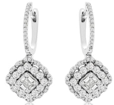 1.53CT DIAMOND 14KT WHITE GOLD ROUND PRINCESS & BAGUETTE FLOWER HANGING EARRINGS