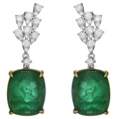 25.05CT DIAMOND & AAA EMERALD 18KT 2 TONE GOLD CUSHION & ROUND HANGING EARRINGS