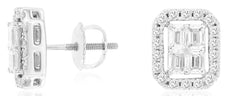 1.25CT DIAMOND 14K WHITE GOLD ROUND & BAGUETTE INVISIBLE SCREWBACK STUD EARRINGS