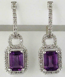 2.20CT DIAMOND & AAA AMETHYST 14KT WHITE GOLD 3D EMERALD CUT HANGING EARRINGS