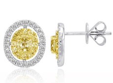 1.30CT WHITE & FANCY YELLOW DIAMOND 18KT 2 TONE GOLD OVAL & ROUND STUD EARRINGS