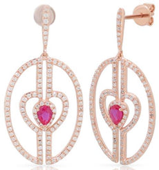 1.11CT DIAMOND & AAA RUBY 14KT ROSE GOLD DOUBLE HEART OVAL LOVE HANGING EARRINGS