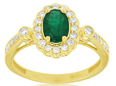 1.04CT DIAMOND & AAA EMERALD 14KT YELLOW GOLD 3D OVAL & ROUND FLOWER LOVE RING