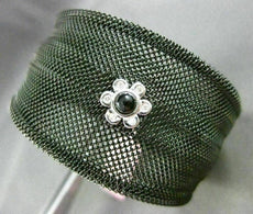 ESTATE .10CT DIAMOND ONYX 18KT WHITE GOLD FLOWER STAINLESS STEEL BANGLE BRACELET