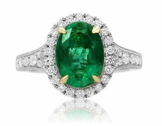 LARGE 4.14CT DIAMOND & AAA COLOMBIAN EMERALD 18KT TWO TONE GOLD ENGAGEMENT RING