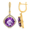 7.62CT DIAMOND & AAA AMETHYST 14KT YELLOW GOLD CUSHION & ROUND HANGING EARRINGS