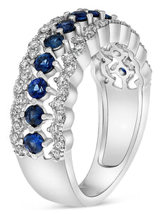 WIDE 1.23CT DIAMOND & AAA SAPPHIRE 14K WHITE GOLD 3 ROW WEDDING ANNIVERSARY RING