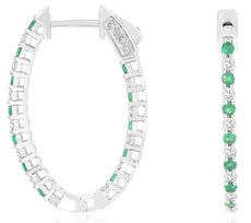 1.11CT DIAMOND & AAA EMERALD 14KT WHITE GOLD 3D INSIDE OUT HOOP HANGING EARRINGS