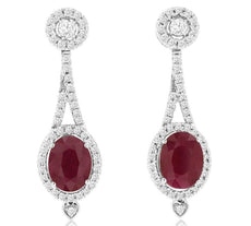 3.03CT DIAMOND & AAA RUBY 14K WHITE GOLD OVAL & ROUND TEAR DROP HANGING EARRINGS