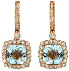 4.18CT DIAMOND & AAA AQUAMARINE 14KT ROSE GOLD CUSHION & ROUND HANGING EARRINGS