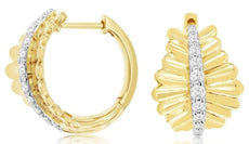 WIDE .33CT DIAMOND 14KT 2 TONE GOLD 3D MULTI LEAF FLORAL HOOP HANGING EARRINGS