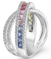 LARGE 2.30CT DIAMOND & AAA MULTI COLOR SAPPHIRE 14KT WHITE GOLD CRISS CROSS RING