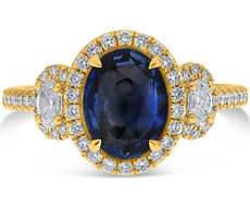 LARGE 2.86CT DIAMOND & AAA SAPPHIRE 18K YELLOW GOLD OVAL 3 STONE ENGAGEMENT RING