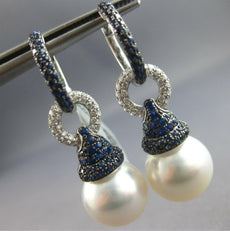 ESTATE LARGE 1.57CT DIAMOND & AAA SAPPHIRE & SOUTH SEA PEARL 18K WHITE GOLD 3D EARRINGS