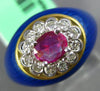 ESTATE .60CT DIAMOND & AAA RUBY & BLUE ENAMEL 18K YELLOW GOLD 3D FLOWER FUN RING