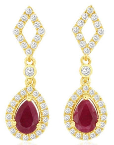 1.38CT DIAMOND & AAA RUBY 14K YELLOW GOLD 3D PEAR SHAPE & ROUND HANGING EARRINGS