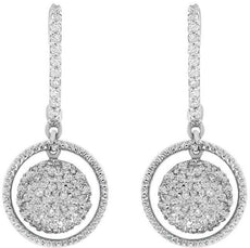 ESTATE .40CT DIAMOND 14KT WHITE GOLD 3D CLUSTER FLOWER CIRCULAR HANGING EARRINGS